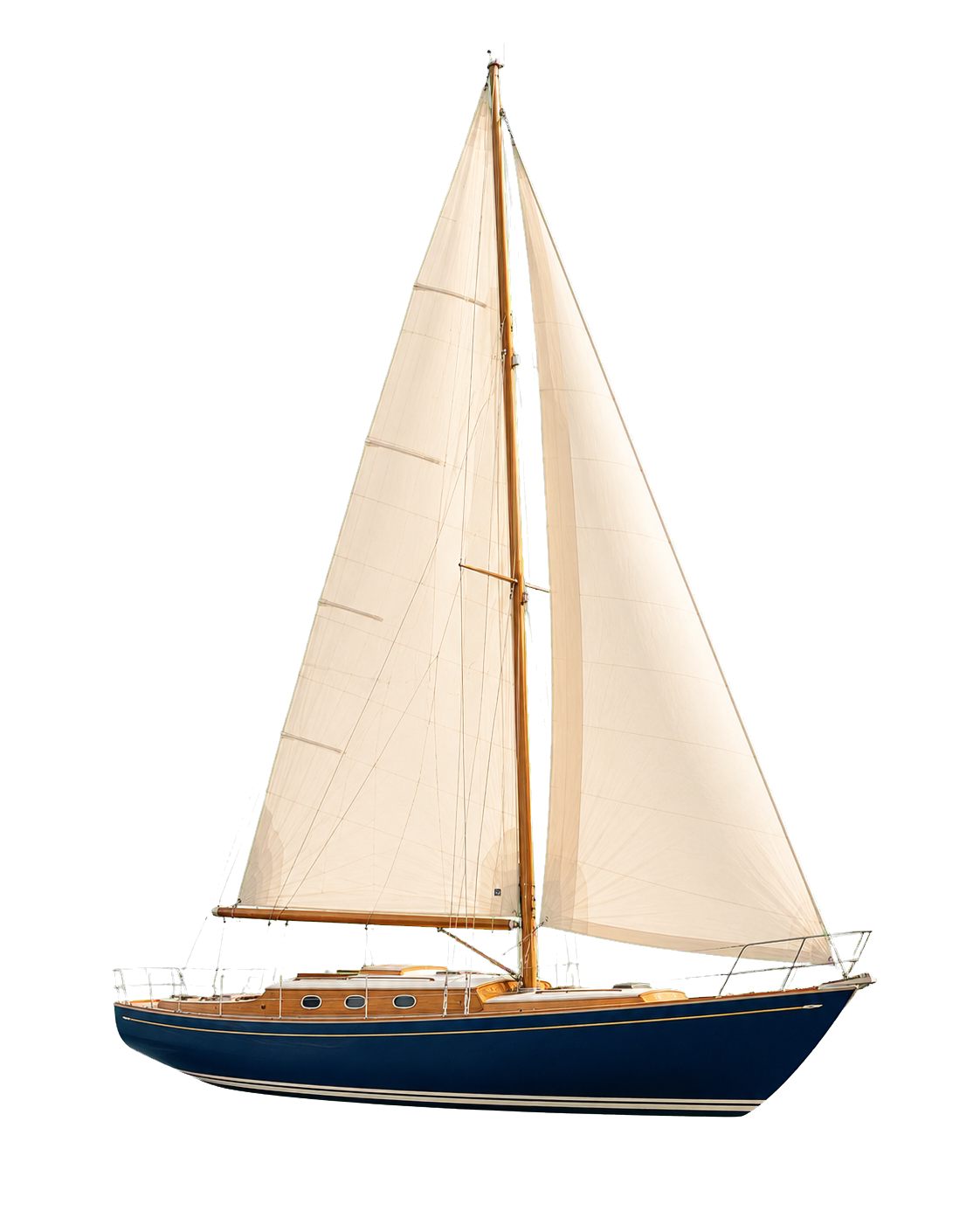 Barca a vela classica con scafo blu navy e vele avorio